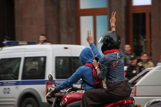 Moscow, Russia - July 18, 2013. Motorcyclists made in support of an opposition politician Alexei Navalny. Thousands of Muscovites went on this day in support of arrested opposition leader Alexei Navalny