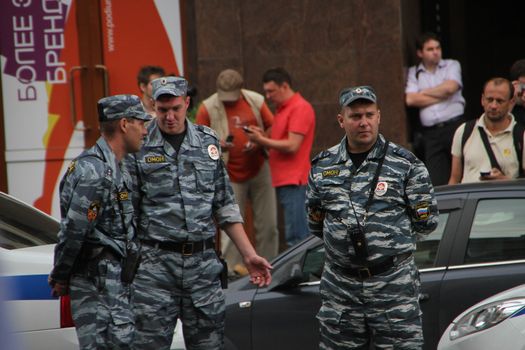 Moscow, Russia - July 18, 2013. Russian police during the opposition rally. Thousands of Muscovites went on this day in support of arrested opposition leader Alexei Navalny