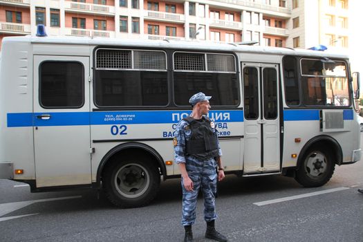 Moscow, Russia - July 18, 2013. Russian police during the opposition rally. Thousands of Muscovites went on this day in support of arrested opposition leader Alexei Navalny