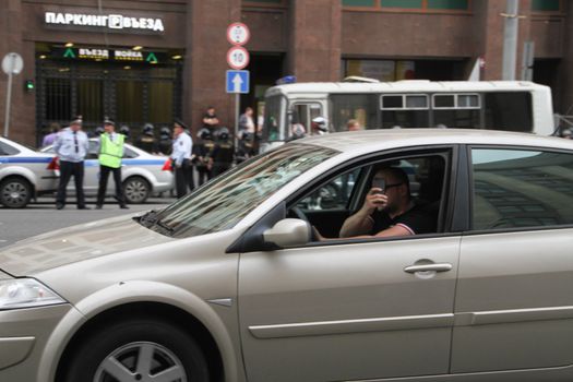 Moscow, Russia - July 18, 2013. Drivers supported opposition politician Alexei Navalny. Thousands of Muscovites went on this day in support of arrested opposition leader Alexei Navalny