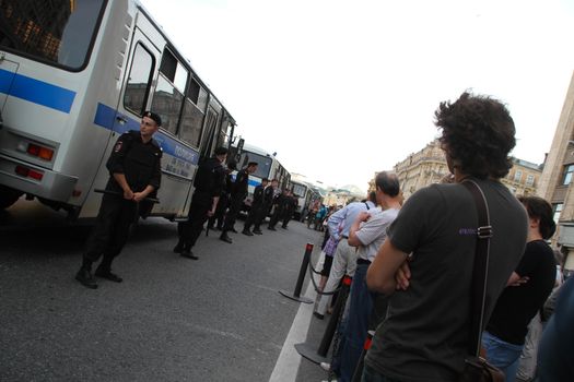 Moscow, Russia - July 18, 2013. Russian police during the opposition rally. Thousands of Muscovites went on this day in support of arrested opposition leader Alexei Navalny