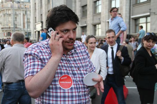 Moscow, Russia - July 18, 2013. Politician Leonid Volkov at the rally in support of Navalny. Thousands of Muscovites went on this day in support of arrested opposition leader Alexei Navalny