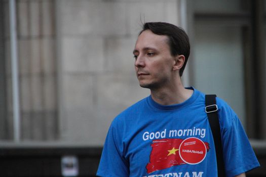 Moscow, Russia - July 18, 2013. Unknown opposition to action in support of Alexei Navalny. Thousands of Muscovites went on this day in support of arrested opposition leader Alexei Navalny