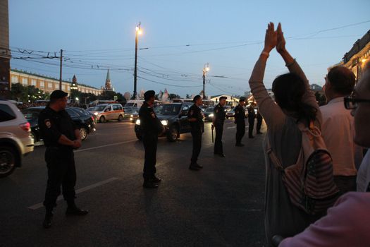 Moscow, Russia - July 18, 2013. Russian police during the opposition rally. Thousands of Muscovites went on this day in support of arrested opposition leader Alexei Navalny