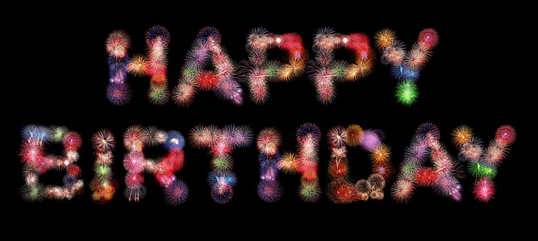 Happy birthday text colorful fireworks isolated on black background