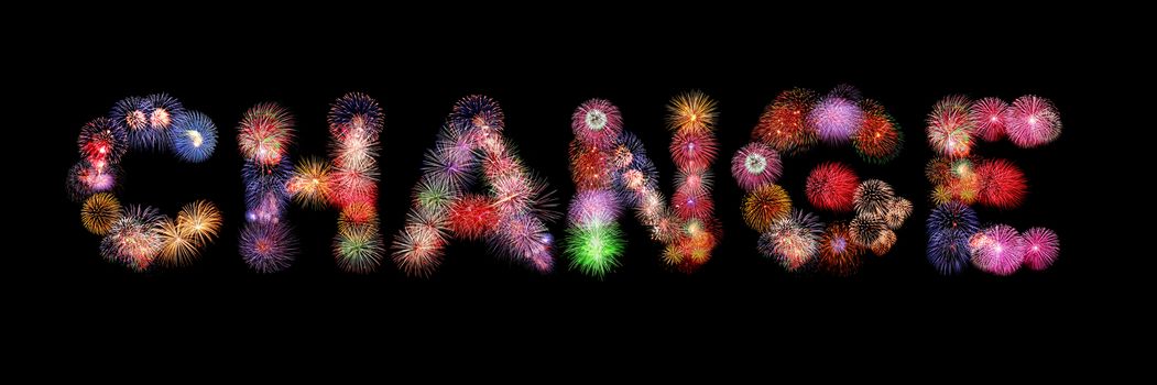 Change word colorful fireworks text isolated on black background