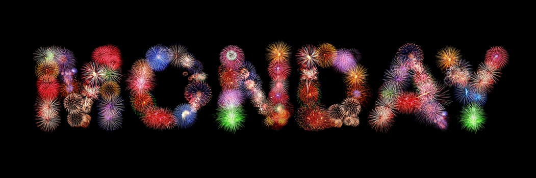 Monday word colorful fireworks text isolated on black background