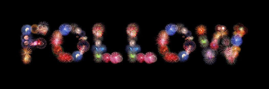follow word colorful fireworks text isolated on black background