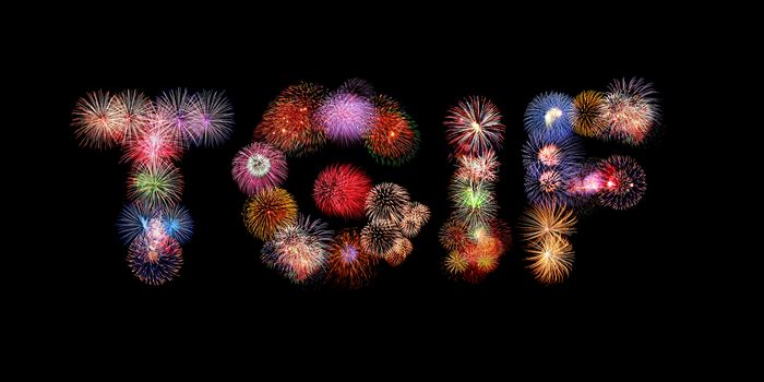 TGIF word colorful fireworks text isolated on black background