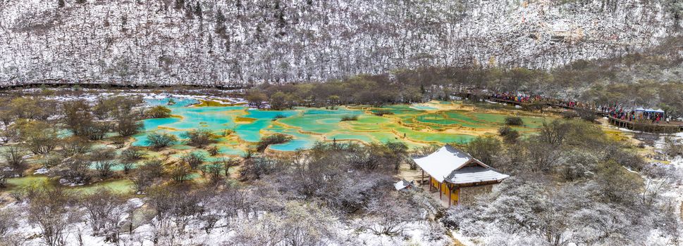 Huanglong Scenic and Historic Interest Area panorama in winter snow season, SiChuan, China