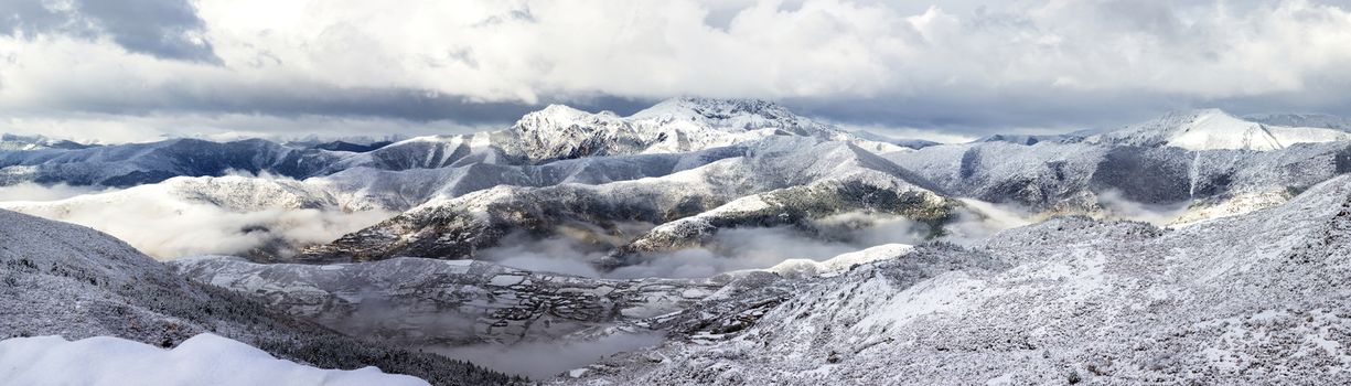 panorama mountain ridge snow landscape on sideways at Huanglong, China.