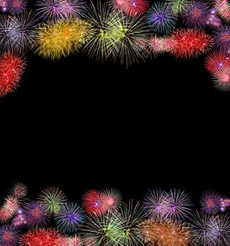colorful fireworks group top and bottom edge frame on black background