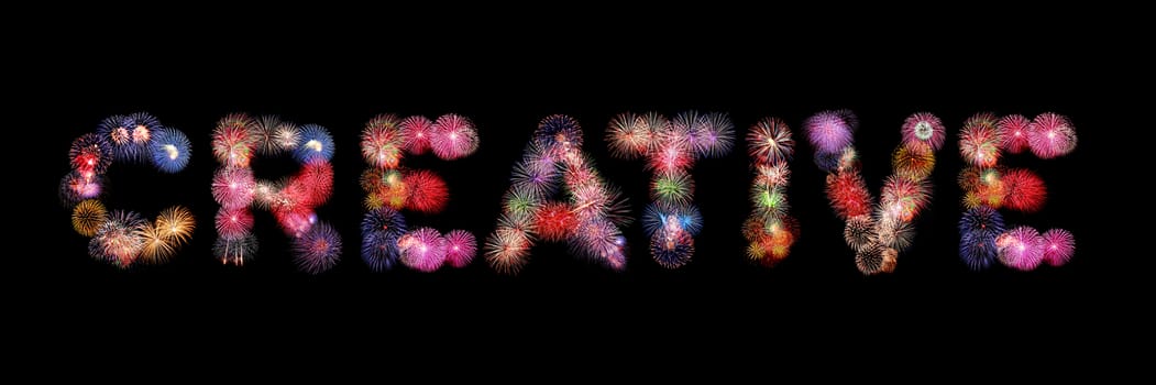 Creative word colorful fireworks text isolated on black background