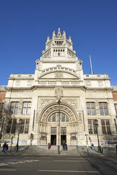 LONDON, UK - DECEMBER 20: Facade of the Victoria and Albert museum in bright sunny day. December 20, 2014 in London.