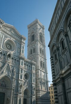 Giotto's bell tower and Duomo in Florence on a clear winter day