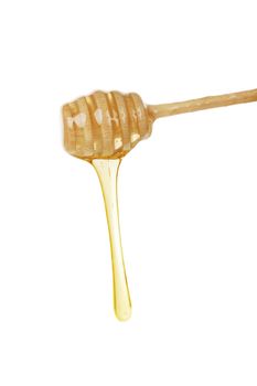 Honey on wooden honey dipper isolated on white background. Delicious honey, healthy sweetener.