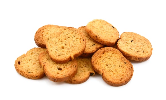 Pile of bite-size Italian crostini, isolated on a white background