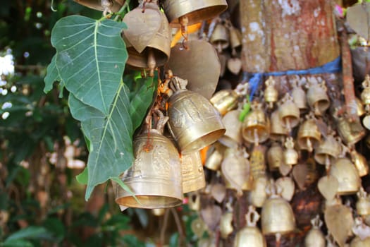 Collection of Budist bells hanging from a tree