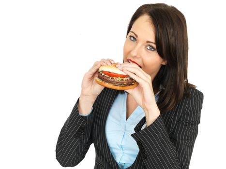 Attractive Business Woman Eating a Beef Burger