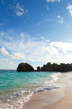 Warwick Long Bay Beach and rock formations located on the island of Bermuda near Jobsons Cove.