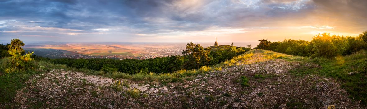 City of Nitra from Above at Sunset with Tourist Path in Foreground as Seen from Zobor Mountain