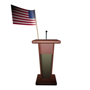 USA flag behind podium for speaker, 3d render