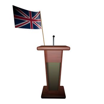 UK flag behind podium for speaker, 3d render