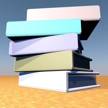 Books on pile over wooden table, 3d render