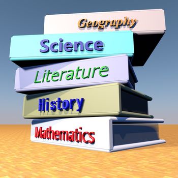 Books with schools disciplines over wooden table, 3d render