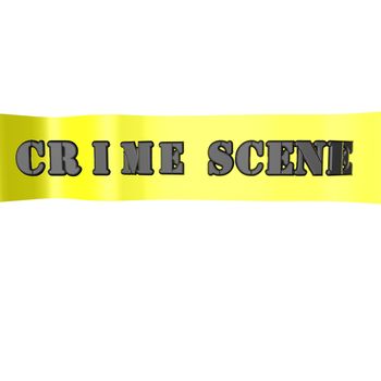 Yellow line with "crime scene" words for police inquiry, isolated over white, 3d render