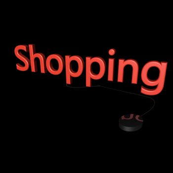 Shopping word with mouse linked, isolated over black, 3d render