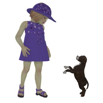 Eliza in a cute purple dress and hat plays with a Staffordshire puppy.