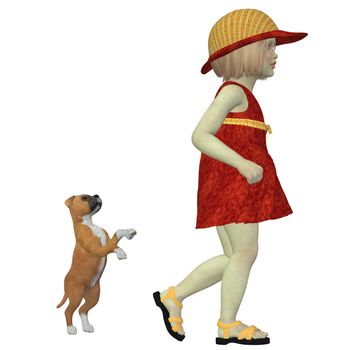 A Boxer puppy still wants to play as Eliza in an orange dress and hat is called by mom to come home.