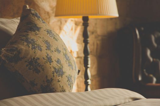 Pillows on an antique luxury bed Close up
