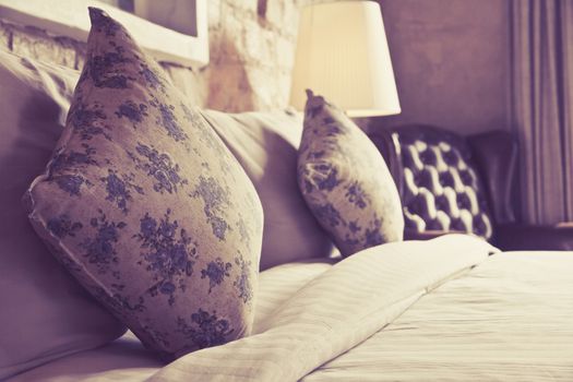 Pillows on an antique luxury bed Background