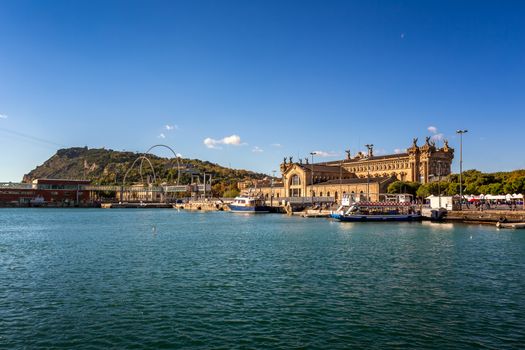 View on Barcelona Harbour and Montjuic Hill, Barcelona, Catalonia, Spain