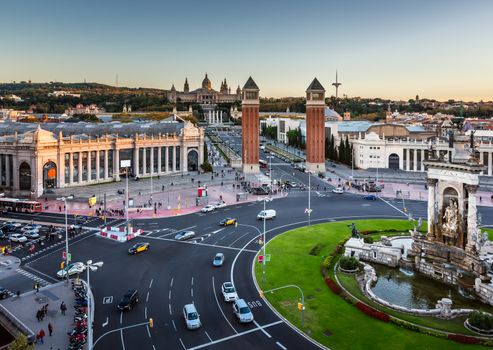 Aerial View on Placa Espanya and Montjuic Hill with National Art Museum of Catalonia, Barcelona, Spain