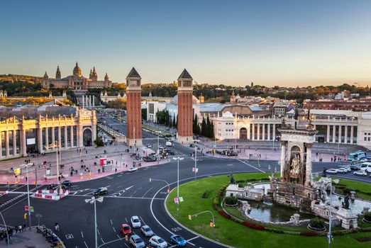 Aerial View on Placa Espanya and Montjuic Hill with National Art Museum of Catalonia, Barcelona, Spain