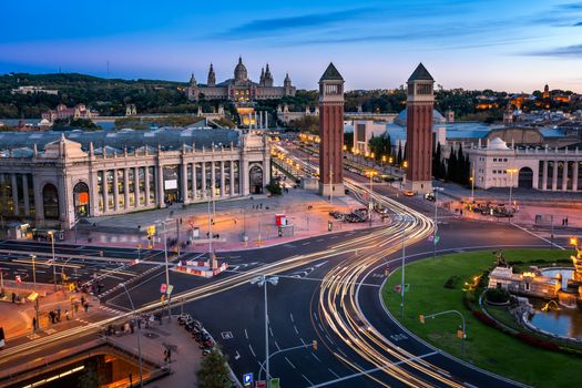 Aerial View on Placa Espanya and Montjuic Hill with National Art Museum of Catalonia, Barcelona, Spain