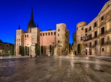 Ancient Roman Gate and Placa Nova in the Morning, Barcelona, Catalonia, Spain