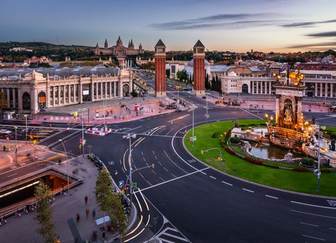 Aerial View on Placa Espanya and Montjuic Hill with National Art Museum of Catalonia, Barcelona, Spain