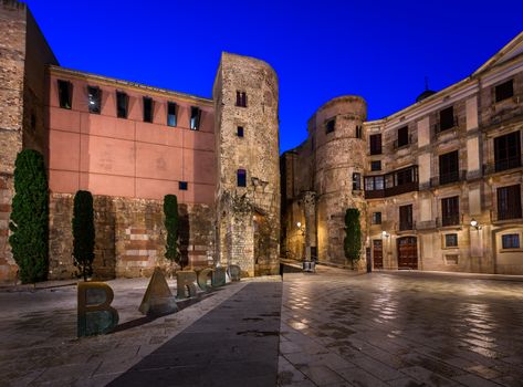 Ancient Roman Gate and Placa Nova in the Morning, Barcelona, Catalonia, Spain