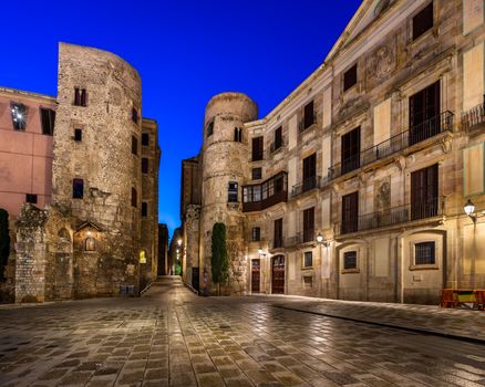 Ancient Roman Gate and Placa Nova in the Morning, Barcelona, Catalonia, Spain