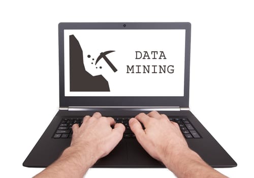 Man working on laptop, data mining, isolated