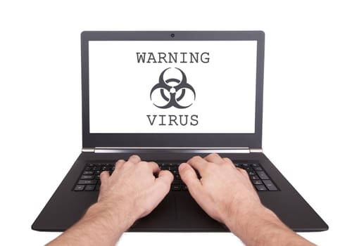 Man working on laptop, computer infected, isolated