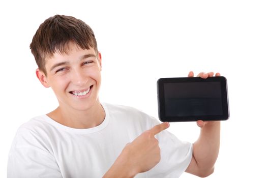 Happy Teenager pointing on Tablet Computer on the White Background