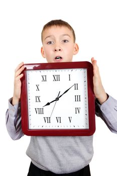 Kid with Big Clock Isolated on the White Background