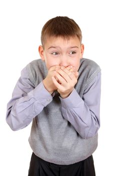 Displeased Kid cover the Mouth Isolated on the White Background