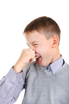 Displeased Kid Close the Nose Isolated on the White Background