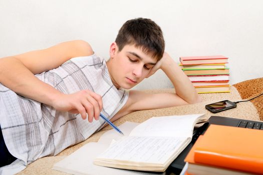 Teenager doing Homework on the Sofa with many Books